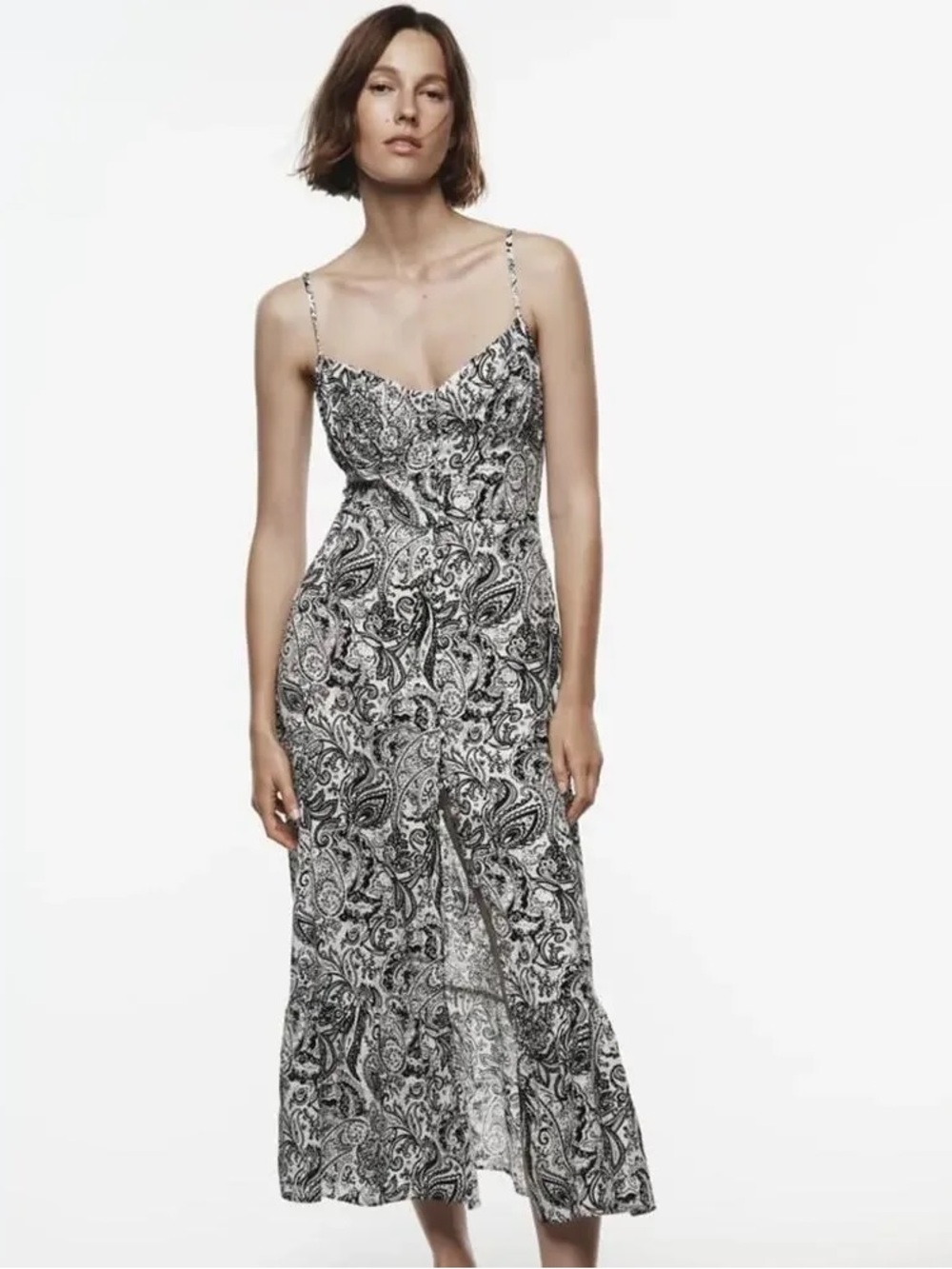 Zara Paisley Print Midi slip Dress Black White Cami Boho Cottagecore Size Medium